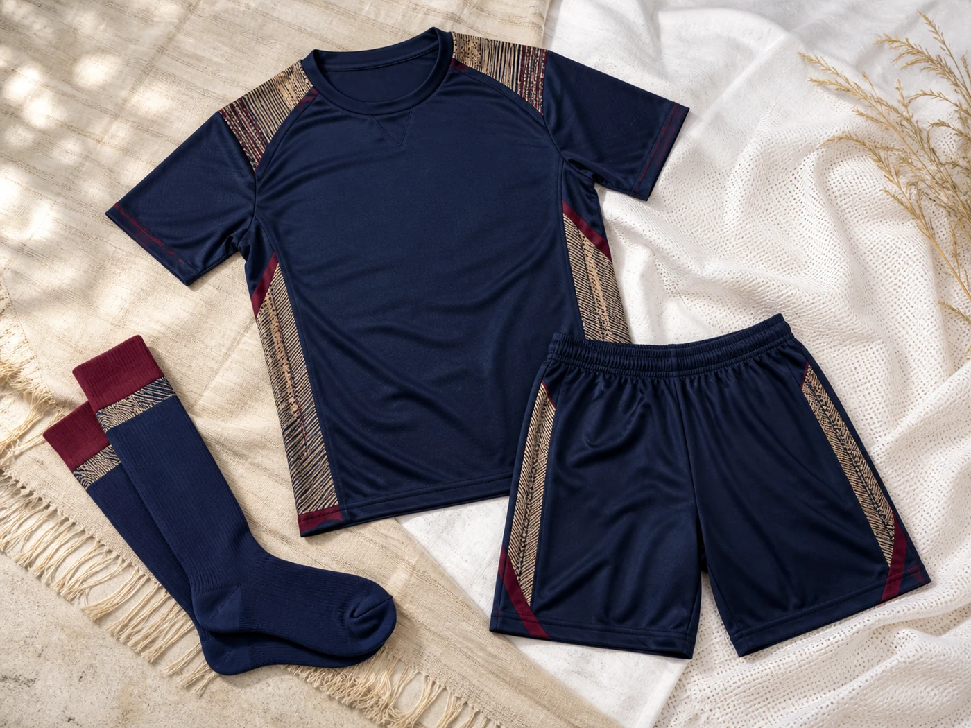 Indigo football jersey and shorts arranged as a fashion still life