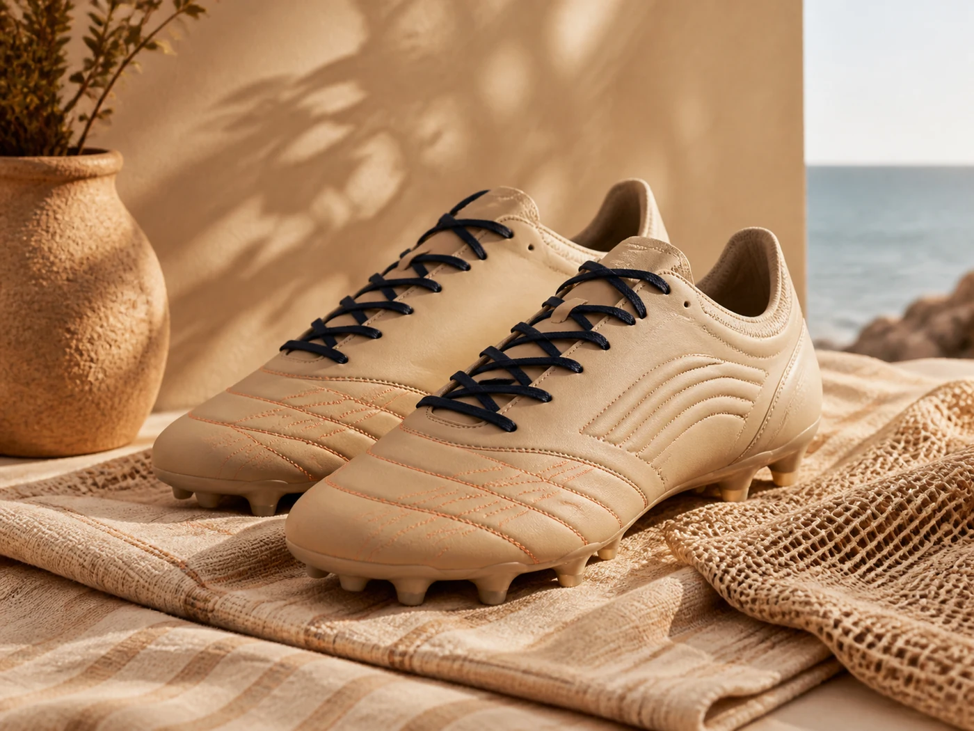 Pair of lightweight football boots photographed in coastal light