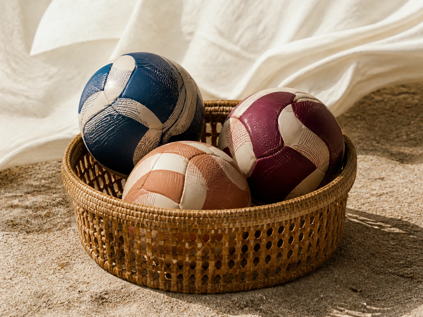 Three textured football training balls in an editorial arrangement